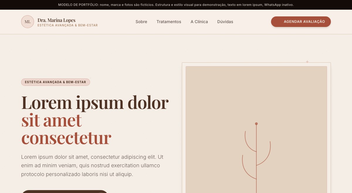 Página inicial do modelo de site Clínica Renove, estética avançada e bem-estar
