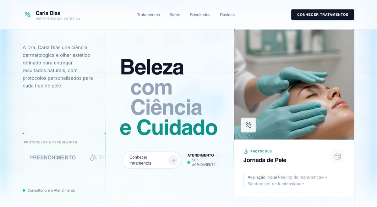 Página inicial do modelo de site Carla Dias Dermatologia Estética, com o protocolo Jornada de Pele