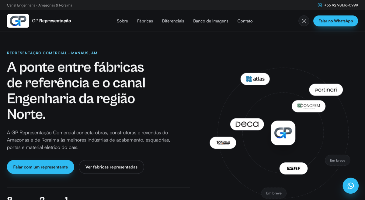 Página inicial do site da GP Representação Comercial, com o mapa das fábricas representadas