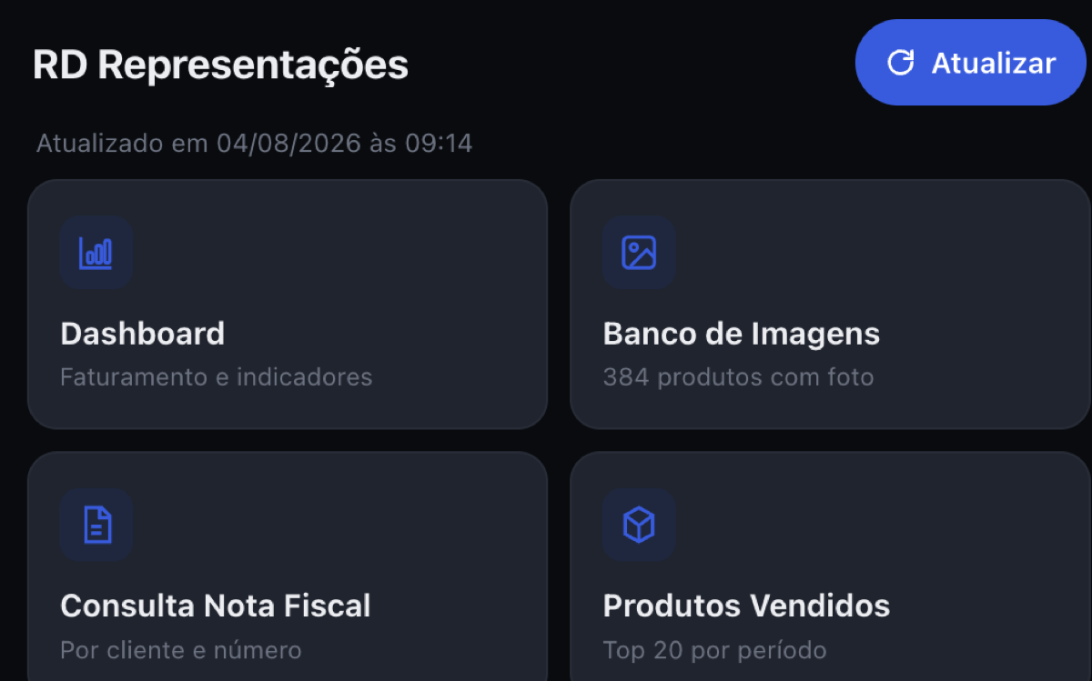 Painel do webapp RD Representações, com os cards de Dashboard, Banco de Imagens, Consulta de Nota Fiscal e Produtos Vendidos